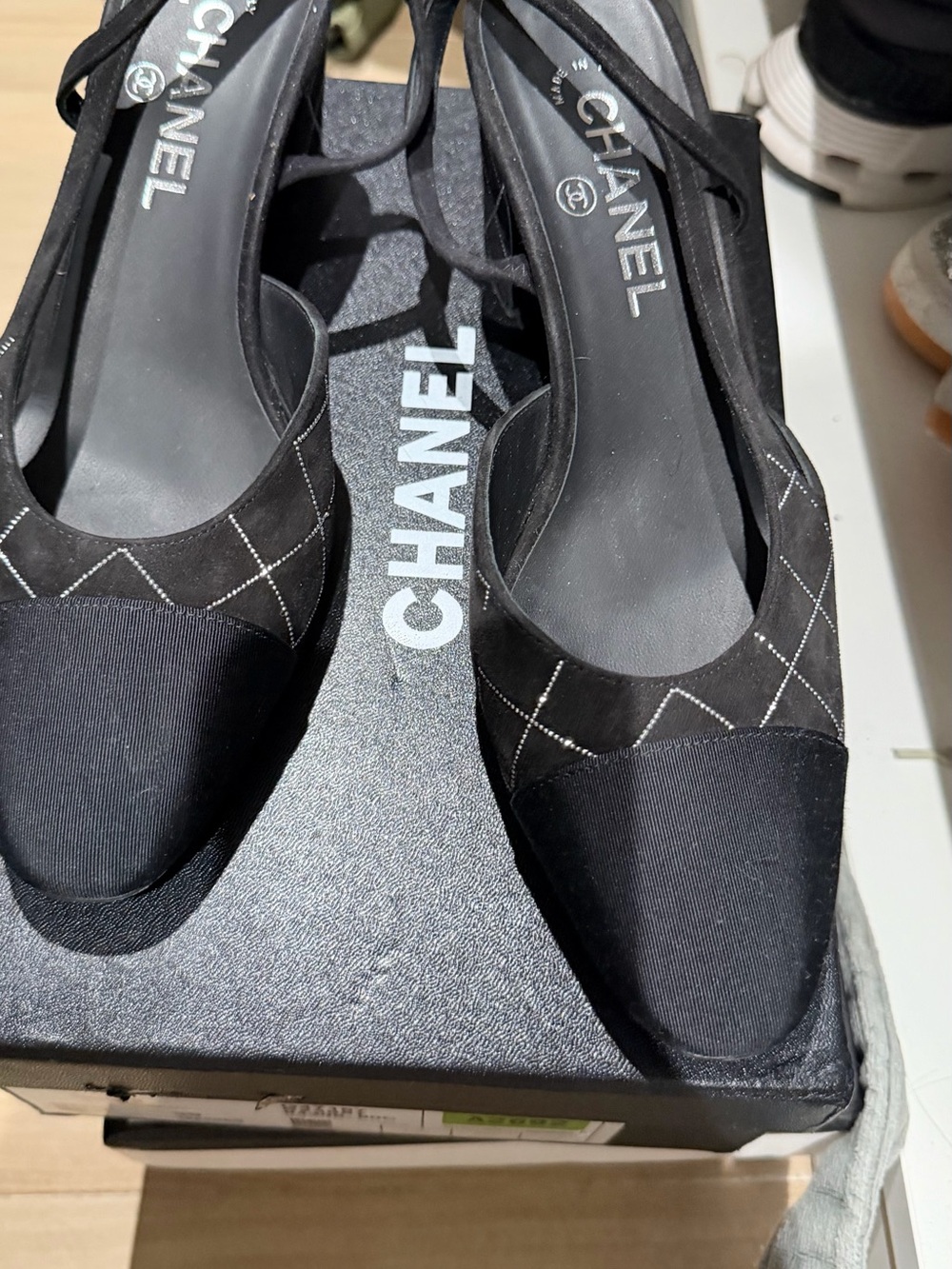 CHANEL Black Quilted Slingback Pumps with Ribbon Accent - Picture 3 of 5